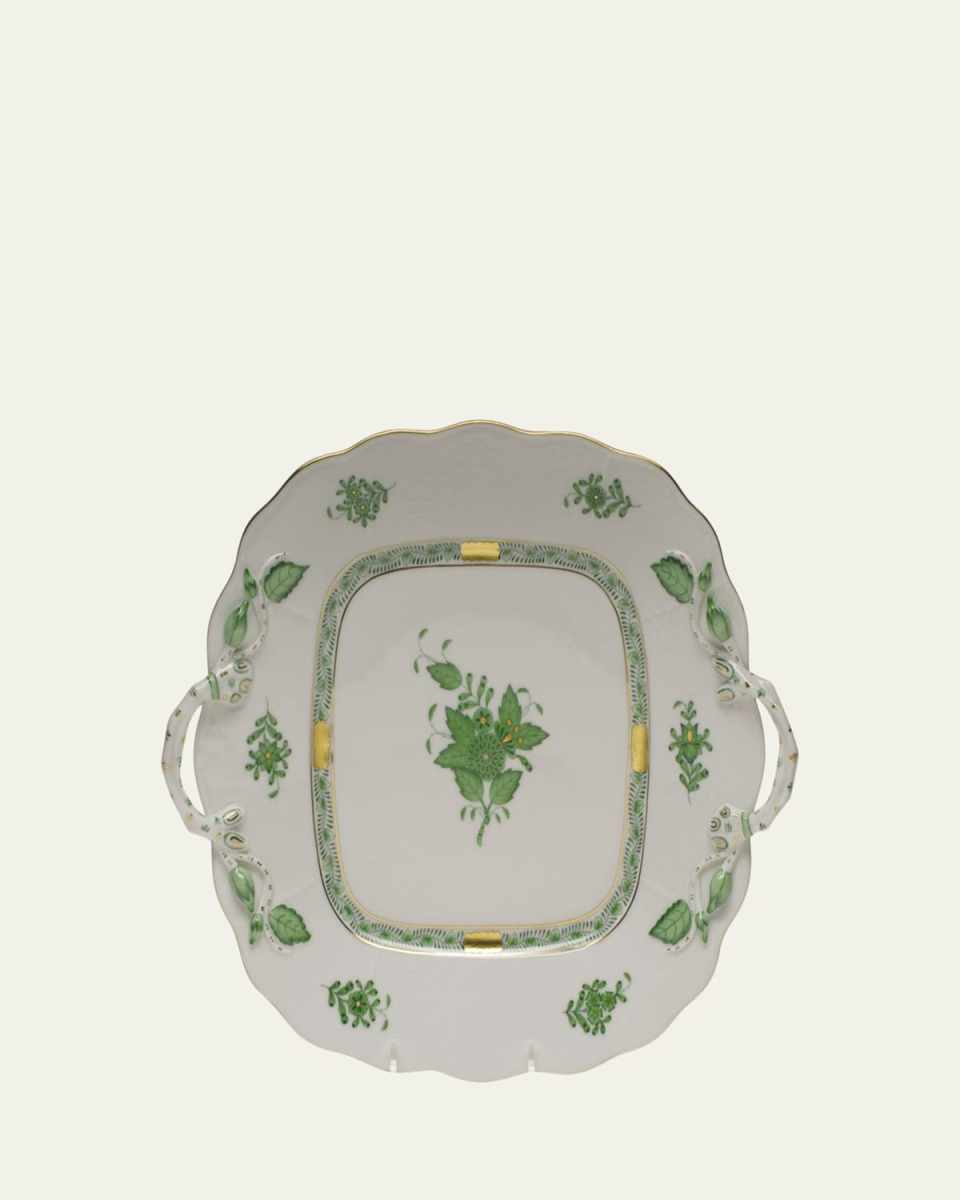 Chinese Bouquet Green Square Cake Plate with Handles